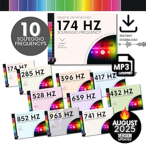 Puede incluir: Un conjunto de tarjetas de descarga digital con frecuencias Solfeggio, que van desde 174 Hz hasta 963 Hz. Cada tarjeta muestra un gráfico de onda de sonido colorido y el texto "Descarga Digital". La imagen incluye un icono "MP3" y un círculo con el texto "Agosto 2025 Versión actualizada."