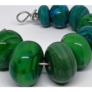 9 x Yummy hand made green blue Murano glass lamp work beads ~ Ideal jewellery making ~ fun Artisan gift ~ mixed size ~ OOAK ~ FREE UK P&P