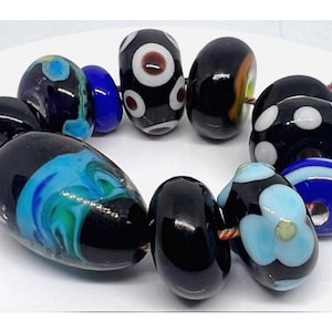 11 x Yummy hand made black and blue mixed size lamp work glass bead set ~ collect or ideal for jewellery making ~ unique gift / FREE UK P&P