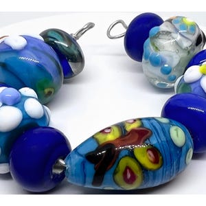 11 x Yummy hand made blue yellow vibrant lamp work glass beads / Ideal jewellery making / fun Artisan gift / mixed size OOAK / FREE UK P&P