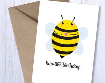 Tarjeta de felicitación de feliz cumpleaños A6 Hap-BEE / Lindo juego de palabras ilustrado con abejorro / Divertido juego de palabras con humor / Tarjeta de cumpleaños con juego de palabras para el mejor amigo para él y para ella