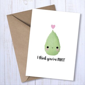 Valentijnsdag: I Think You're MINT A6-wenskaart | Geïllustreerde grappige woordspeling humor beste vriend Punny verjaardagskaart voor hem voor haar