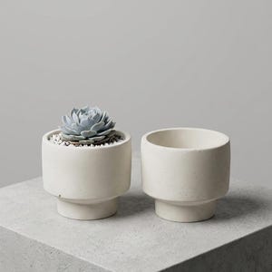 May include: Two off-white cylindrical concrete planters with a stepped base design. One planter contains a light blue-green succulent nestled in small white pebbles, while the other planter is empty and shows a smooth, matte texture.