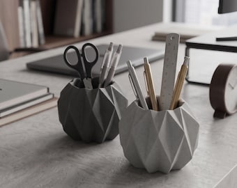 Geometric Concrete Pen Tray: Modern Desk Organizer