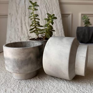 May include: Two concrete planters, one with a gray and white marbled finish and the other with a smooth white finish. Both planters are round and have a slightly flared lip. A small succulent plant is growing in the marbled planter.