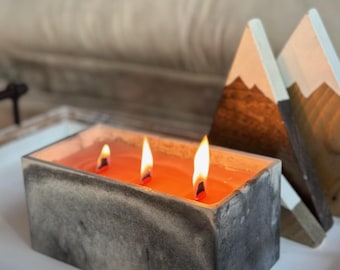 Handmade Concrete Soy Candle: Natural Wood Wick, Minimalist Decor