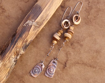 Ancient Earthy Long Dangle Earrings + Spiral + Ammonite + Ancient Glass + Antique Shell Beads + Fossil Crinoid + Desert + Tribal + OOAK