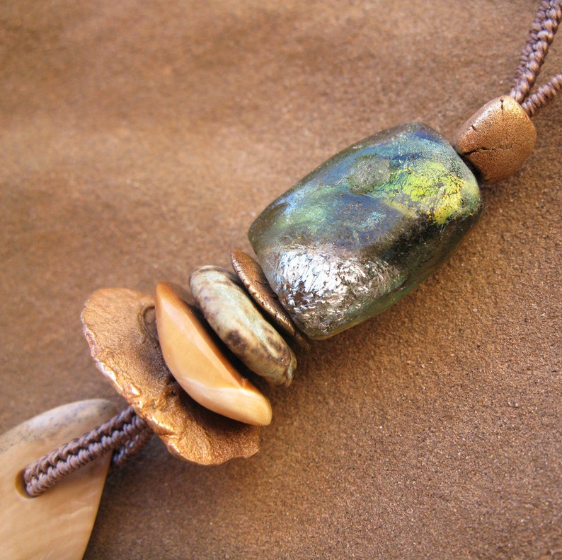 Hand Polished Mastodon Ivory Pendant with Basha Bead and image 2