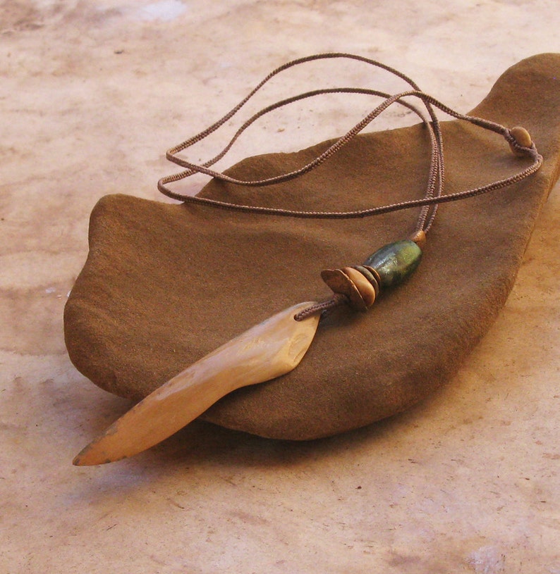 Hand Polished Mastodon Ivory Pendant with Basha Bead and image 3