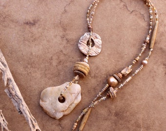 Rustic Neutrals Desert Pendant + Found Stone + Wabi Sabi + Fossils + Warm Colors + Long Necklace + Quartz + OOAK + Dawn Wilson Jewelry