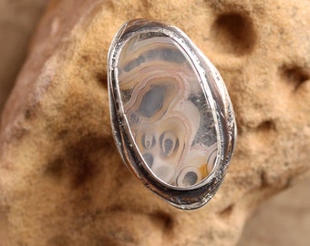 Wabi Sabi Eye Agate Ring + Adjustable Size 8 1/2 + Sterling Silver & Bronze + OOAK + Desert Jewelry + Subtle Sand Colors + Handmade + Rustic
