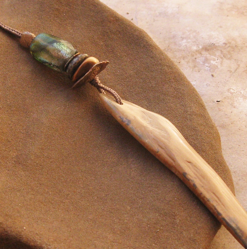 Hand Polished Mastodon Ivory Pendant with Basha Bead and image 1