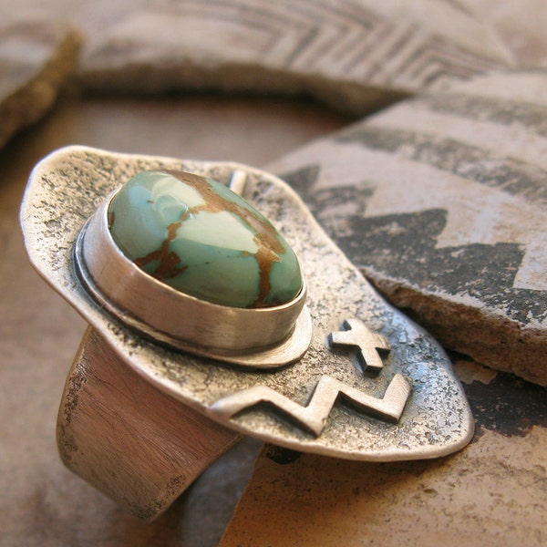 SALE Natural Turquoise and Sterling Petroglyph Ring