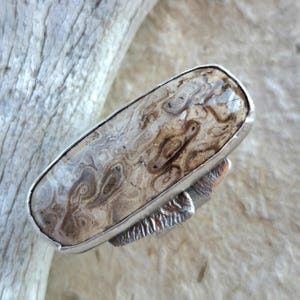 May include: A ring featuring an elongated, rectangular stone with a polished surface displaying swirling brown, beige, and cream patterns. The stone is set in a smooth silver bezel, mounted on a textured, hammered silver band with visible metalwork.