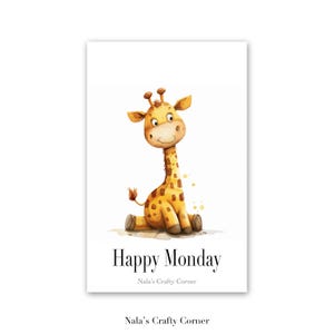 Tarjeta de felicitación digital de feliz lunes, jirafa, tarjeta descargable, diseño asistido por IA-01