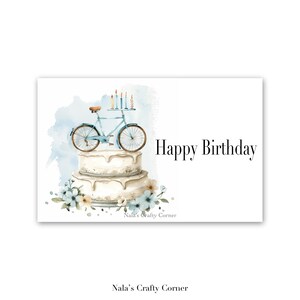 Carte de voeux numérique de joyeux anniversaire, bicyclette sur un gâteau, carte amusante, carte téléchargeable, conception assistée par IA-02