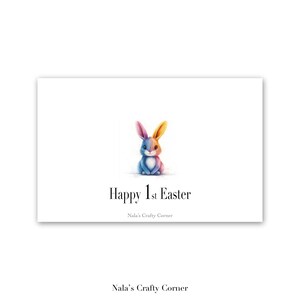 Carte de voeux numérique Joyeuses 1ères Pâques, première carte vierge de Pâques de lapin de Pâques arc-en-ciel de printemps pour bébé, carte téléchargeable, conception assistée par IA-01