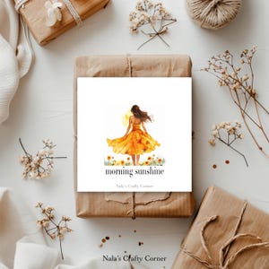 Tarjeta de felicitación digital de buenos días con un rayo de sol, niña con vestido de sol, tarjeta descargable, diseño asistido por IA-02