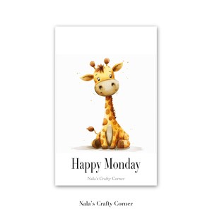 Tarjeta de felicitación digital de feliz lunes, jirafa, tarjeta descargable, diseño asistido por IA-03