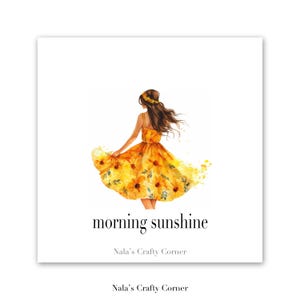 Tarjeta de felicitación digital de buenos días con un rayo de sol, niña con vestido de sol, tarjeta descargable, diseño asistido por IA-03