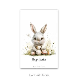 Biglietto di auguri digitale di buona Pasqua, coniglietto pasquale con uova di Pasqua, biglietto scaricabile, progettazione assistita dall'intelligenza artificiale-01
