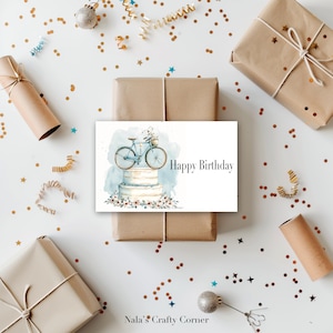 Carte de voeux numérique de joyeux anniversaire, vélo sur un gâteau, carte drôle, carte téléchargeable, conception assistée par IA-03