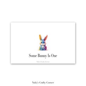 Carte de voeux numérique joyeux 1er anniversaire, carte téléchargeable pour le premier anniversaire de bébé lapin de Pâques arc-en-ciel, conception assistée par IA-03