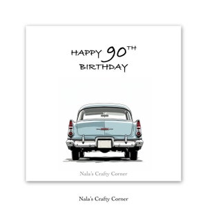 Digital 90th Birthday Card Gift, Vintage Car, Downloadable Card, AI Assisted Design-1502