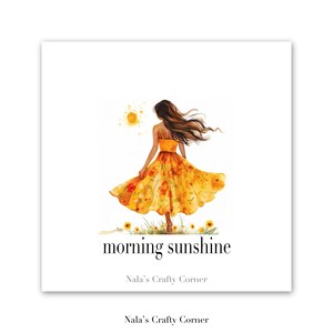 Tarjeta de felicitación digital de buenos días con un rayo de sol, niña con vestido de sol, tarjeta descargable, diseño asistido por IA-01