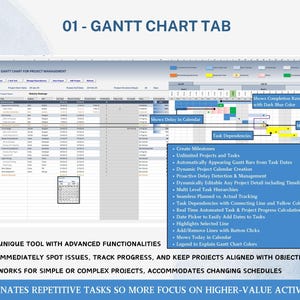 Fully automated Excel Gantt Chart project planner template featuring unlimited tasks, milestones—an Excel-based planning solution with real-time progress monitoring on-time project delivery