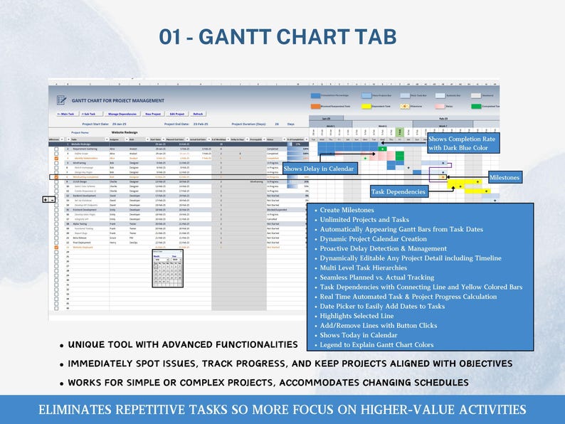 Fully automated Excel Gantt Chart project planner template featuring unlimited tasks, milestones—an Excel-based planning solution with real-time progress monitoring on-time project delivery