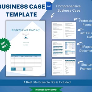 Może przedstawiać: Szablon dokumentu biznesowego w kolorze niebieskim i białym z tekstem "BUSINESS CASE TEMPLATE" i "COMPANY XYZ" w niebiesko-białej kolorystyce. Dokument składa się z 11 stron i zawiera przykładowy plik z prawdziwego życia. Tekst "Save Time!!" znajduje się w zielonym kółku.