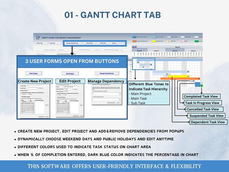 Automated Excel Spreadsheet for project management Gantt Chart template