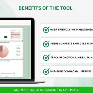 May include: A laptop screen displays a user-friendly HR management tool. The screen shows employee data visualizations, including charts and graphs. Text highlights features like employee history tracking, promotions, and one-time download. The text at the bottom reads: ALL YOUR EMPLOYEE INSIGHTS IN ONE PLACE.