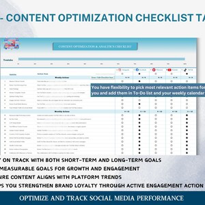 K&ouml;nnte beinhalten: Eine Registerkarte mit einer Checkliste zur Inhaltsoptimierung f&uuml;r Social-Media-Marketing. Die Checkliste enth&auml;lt eine Tabelle mit Aktionspunkten f&uuml;r verschiedene Social-Media-Plattformen, darunter YouTube, Instagram, Facebook, Pinterest, Twitter und TikTok. Die Checkliste enth&auml;lt auch einen Abschnitt f&uuml;r w&ouml;chentliche und monatliche Aktionen. Der Text auf der Checkliste lautet: "Sie haben die Flexibilit&auml;t, die relevantesten Aktionspunkte f&uuml;r sich auszuw&auml;hlen und sie in Ihre To-Do-Liste und Ihren Wochenkalender aufzunehmen."