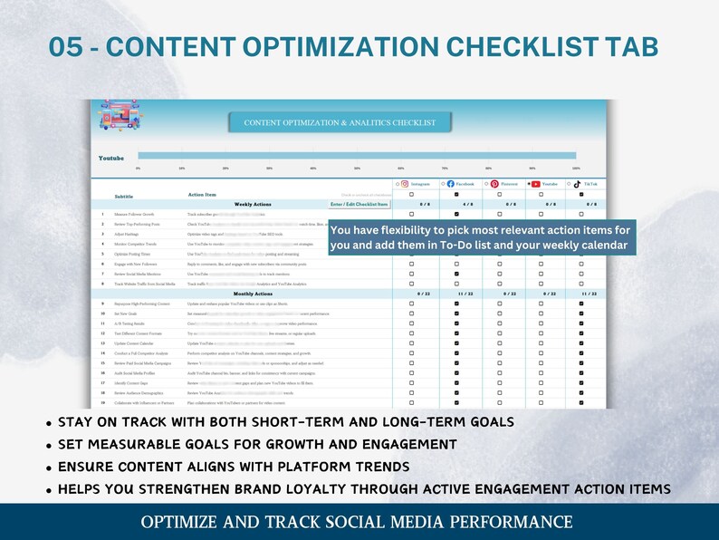 K&ouml;nnte beinhalten: Eine Registerkarte mit einer Checkliste zur Inhaltsoptimierung f&uuml;r Social-Media-Marketing. Die Checkliste enth&auml;lt eine Tabelle mit Aktionspunkten f&uuml;r verschiedene Social-Media-Plattformen, darunter YouTube, Instagram, Facebook, Pinterest, Twitter und TikTok. Die Checkliste enth&auml;lt auch einen Abschnitt f&uuml;r w&ouml;chentliche und monatliche Aktionen. Der Text auf der Checkliste lautet: "Sie haben die Flexibilit&auml;t, die relevantesten Aktionspunkte f&uuml;r sich auszuw&auml;hlen und sie in Ihre To-Do-Liste und Ihren Wochenkalender aufzunehmen."