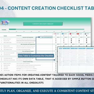 K&ouml;nnte beinhalten: Eine Registerkarte mit einer Checkliste zur Content-Erstellung f&uuml;r YouTube, Instagram, Facebook, Pinterest, Twitter, TikTok und Twitch. Die Checkliste enth&auml;lt Aktionselemente zum Erstellen von Inhalten, die auf jede Social-Media-Plattform zugeschnitten sind. Jede Checkliste verf&uuml;gt &uuml;ber eine eigene Datentabelle, auf die &uuml;ber einen einfachen Klick auf einen Button zugegriffen werden kann. Die Checkliste enth&auml;lt den Text "Data Table to Customize the Checklist".