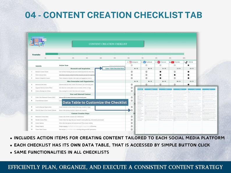 K&ouml;nnte beinhalten: Eine Registerkarte mit einer Checkliste zur Content-Erstellung f&uuml;r YouTube, Instagram, Facebook, Pinterest, Twitter, TikTok und Twitch. Die Checkliste enth&auml;lt Aktionselemente zum Erstellen von Inhalten, die auf jede Social-Media-Plattform zugeschnitten sind. Jede Checkliste verf&uuml;gt &uuml;ber eine eigene Datentabelle, auf die &uuml;ber einen einfachen Klick auf einen Button zugegriffen werden kann. Die Checkliste enth&auml;lt den Text "Data Table to Customize the Checklist".