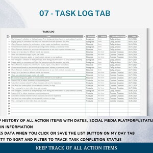 K&ouml;nnte beinhalten: Eine Tabellenkalkulation mit einem Aufgabenprotokoll f&uuml;r Social-Media-Plattformen. Die Tabellenkalkulation enth&auml;lt Spalten f&uuml;r Aufgabe, Plattform, Status, Checklistenursprung und Datum. Die Tabellenkalkulation ist mit "07 - Aufgabenprotokoll-Registerkarte" betitelt.