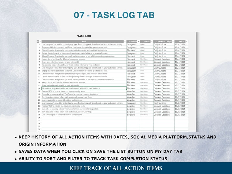 K&ouml;nnte beinhalten: Eine Tabellenkalkulation mit einem Aufgabenprotokoll f&uuml;r Social-Media-Plattformen. Die Tabellenkalkulation enth&auml;lt Spalten f&uuml;r Aufgabe, Plattform, Status, Checklistenursprung und Datum. Die Tabellenkalkulation ist mit "07 - Aufgabenprotokoll-Registerkarte" betitelt.