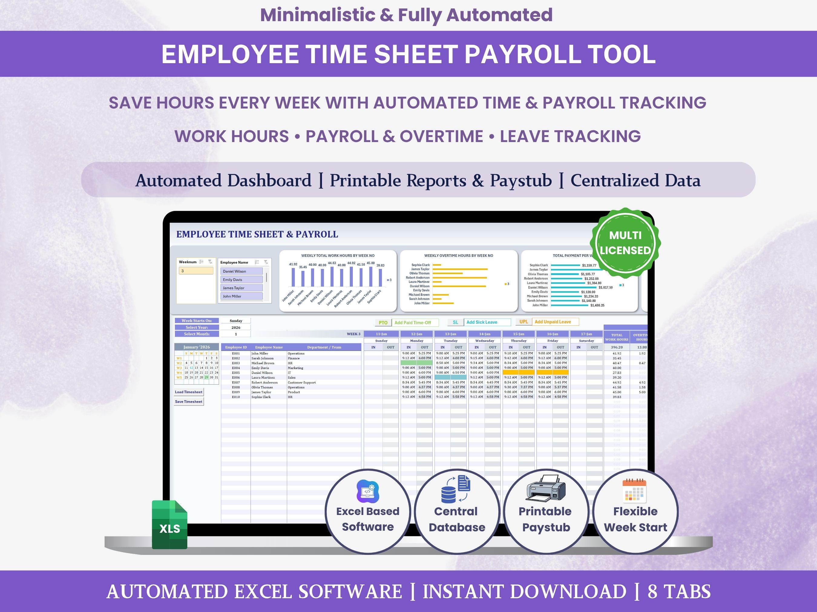 Employee Time Sheet Work Time Tracker Excel Spreadsheet Overtime ...