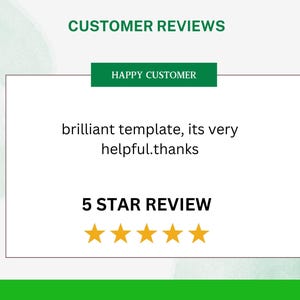 May include: A customer review graphic with a white background and green accents. The text reads "CUSTOMER REVIEWS" and "HAPPY CUSTOMER". The review says "brilliant template, its very helpful.thanks" and is rated 5 stars.