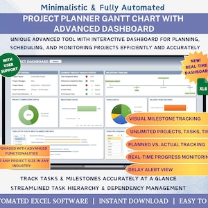 May include: A colorful image promoting a project planner Gantt chart software with an advanced dashboard. The software features visual milestone tracking, unlimited projects, tasks, and timelines, planned vs. actual tracking, real-time progress monitoring, and a delay alert view. The software is automated, easy to use, and available for instant download.