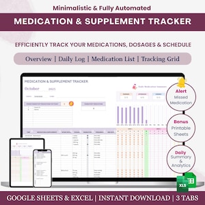 Sjabloon medicatietracker Excel Afdrukbaar dagelijks medicatielogboek Google Spreadsheets Tracker per uur supplement