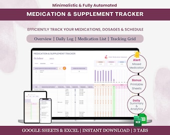 Plantilla de seguimiento de medicamentos (Excel, imprimible), registro diario de medicamentos, hojas de cálculo de Google, seguimiento de suplementos por hora.