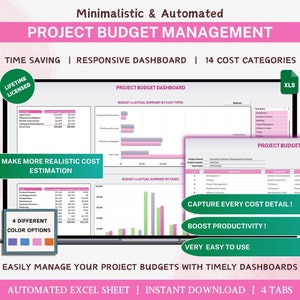 May include: A pink and green computer screen displaying a spreadsheet with the title "Project Budget Management". The spreadsheet is divided into four tabs: "Project Budget Dashboard", "Budget vs Actual Summary by Cost Types", "Budget vs Actual Summary by Tasks", and "Project Budget Estimation". The spreadsheet is designed to help users manage their project budgets with timely dashboards. The text "Time Saving", "Responsive Dashboard", "14 Cost Categories", "Make More Realistic Cost Estimation", "4 Different Color Options", "Capture Every Cost Detail", "Boost Productivity", "Very Easy to Use", "Easily Manage Your Project Budgets with Timely Dashboards", "Automated Excel Sheet", "Instant Download", and "4 Tabs" is also displayed on the screen.