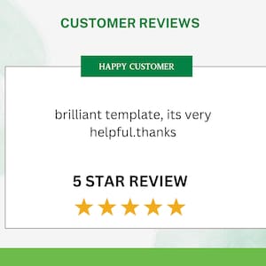 May include: A customer review with a 5-star rating and the text "brilliant template, its very helpful.thanks".