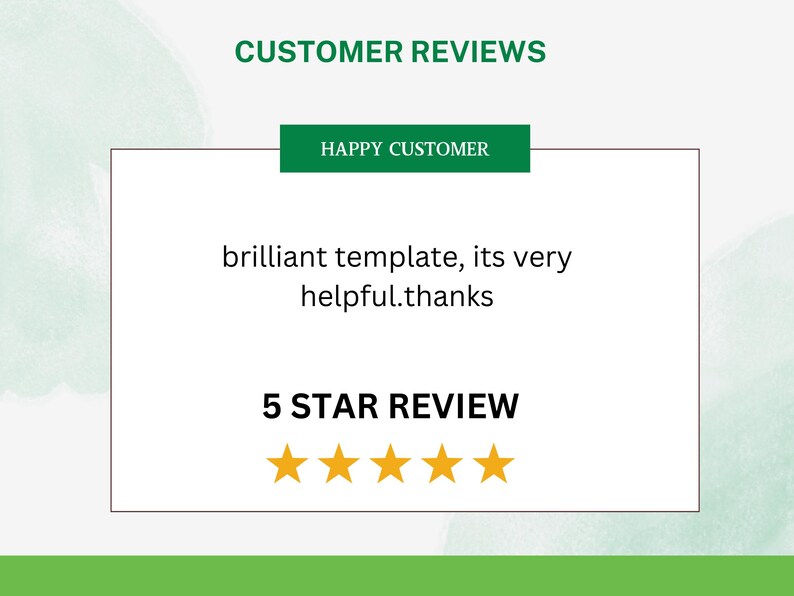 May include: A customer review with a 5-star rating and the text "brilliant template, its very helpful.thanks".