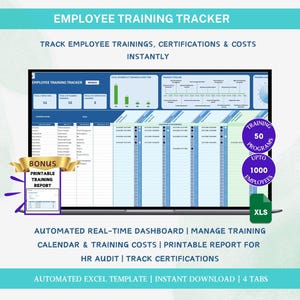 以下が含まれることがあります： ラップトップ画面に表示された従業員研修トラッカーテンプレート。画面にはデータとグラフを含むスプレッドシートが表示されます。画像には「Employee Training Tracker」、「Track Employee Trainings, Certifications & Costs Instantly」、「Automated Excel Template | Instant Download | 4 Tabs」というテキストが含まれています。