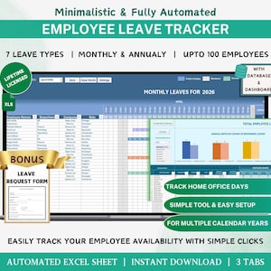 May include: A laptop screen displaying a spreadsheet with a blue, green, and orange color scheme. The spreadsheet is titled "Employee Leave Tracker" and includes a "Leave Request Form". The text "7 Leave Types | Monthly & Annually | Upto 100 Employees" is displayed above the spreadsheet. The text "Lifetime Licensed" is displayed in a green circle on the left side of the screen. The text "With Database & Dashboard" is displayed in a white box with a blue database icon on the right side of the screen.